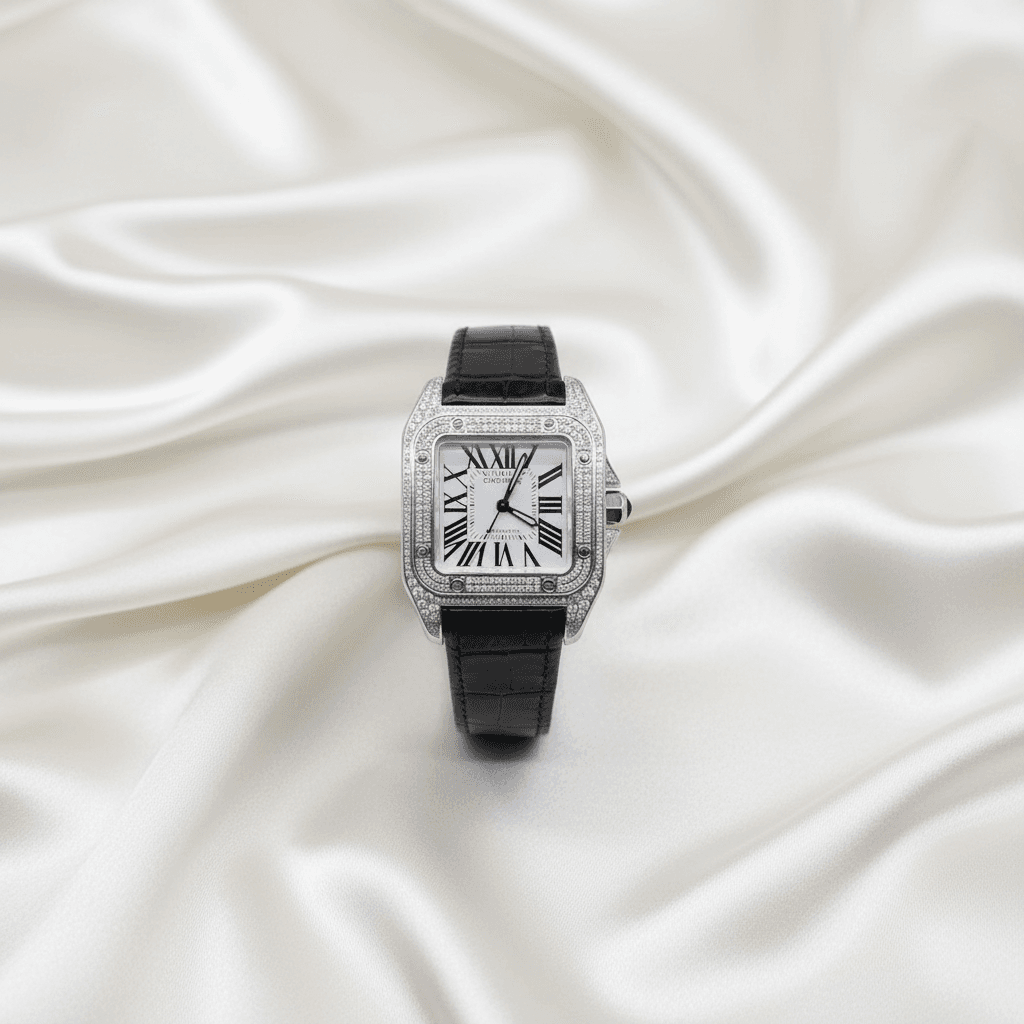 Santos Diamond Bezel Watch with Black Leather Strap