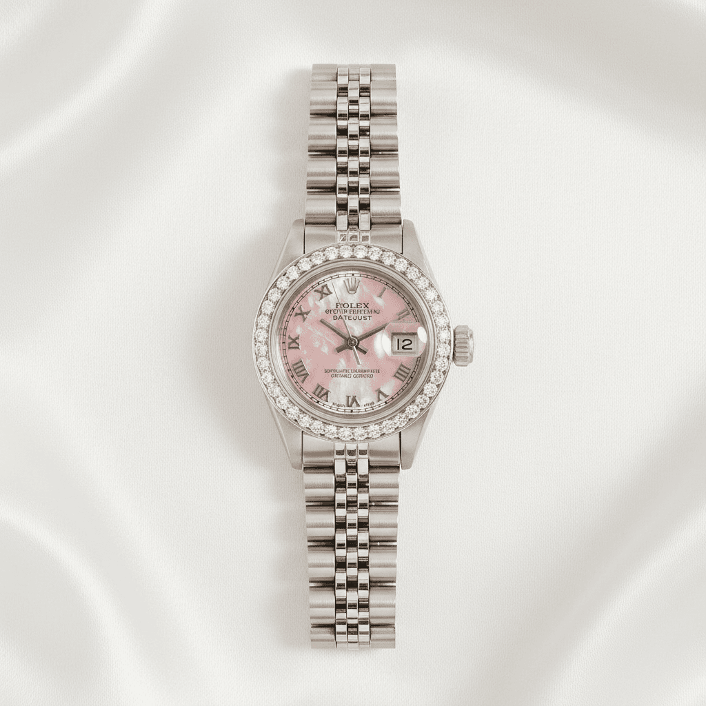 Steel and Gold Pink Mother of Pearl Diamond Bezel Watch