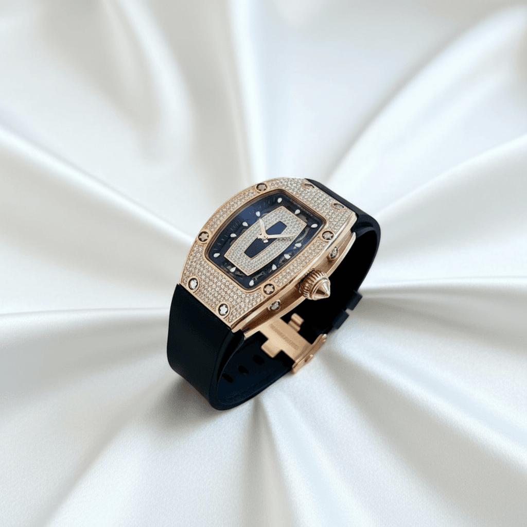 Rose Gold Skeleton Diamond Watch with Black Rubber Strap