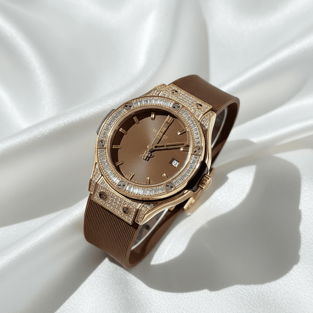 Brown-Dial Round Diamond Bezel Watch
