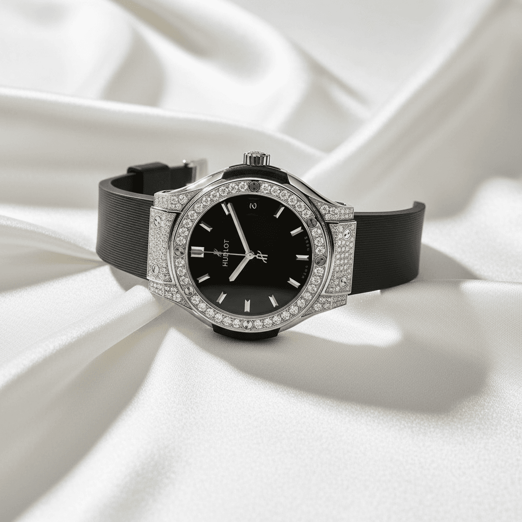 Black-Dial Round Diamond Bezel Watch with Rubber Strap