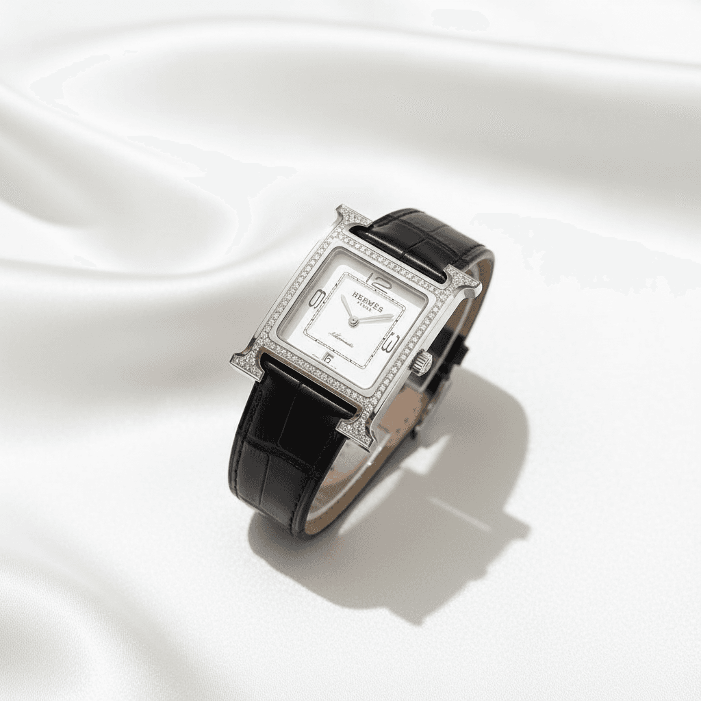 H-Frame Diamond Bezel Watch with Black Leather Strap
