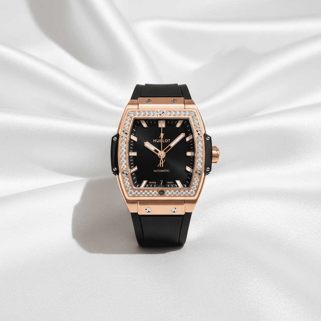 Rose Gold Tonneau Diamond Bezel Watch with Black Rubber Strap