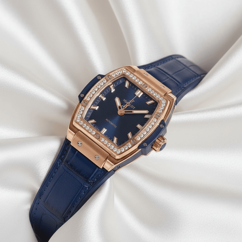 Rose Gold Tonneau Diamond Bezel Watch with Blue Leather Strap
