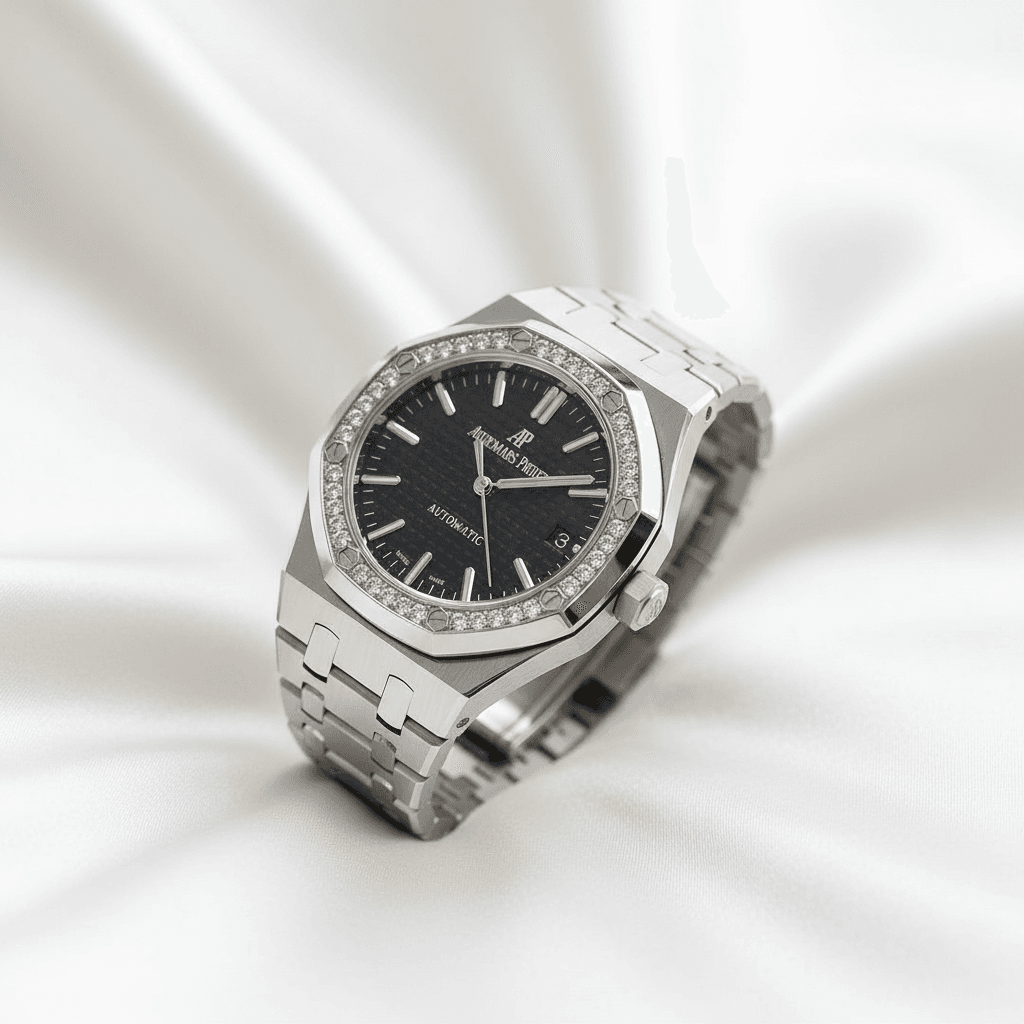 Octagonal Bezel Black Dial Diamond Watch
