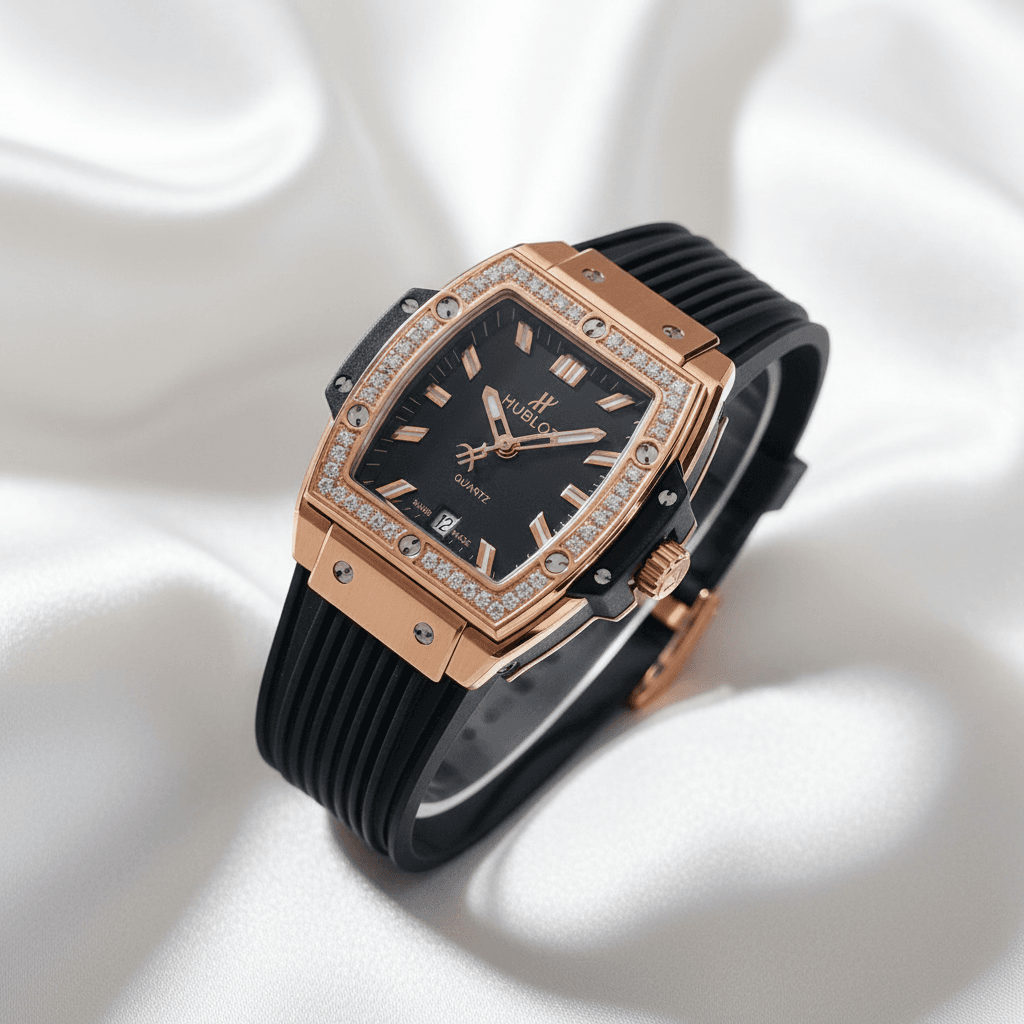 Square Rose Gold Diamond Bezel Watch with Black Rubber Strap
