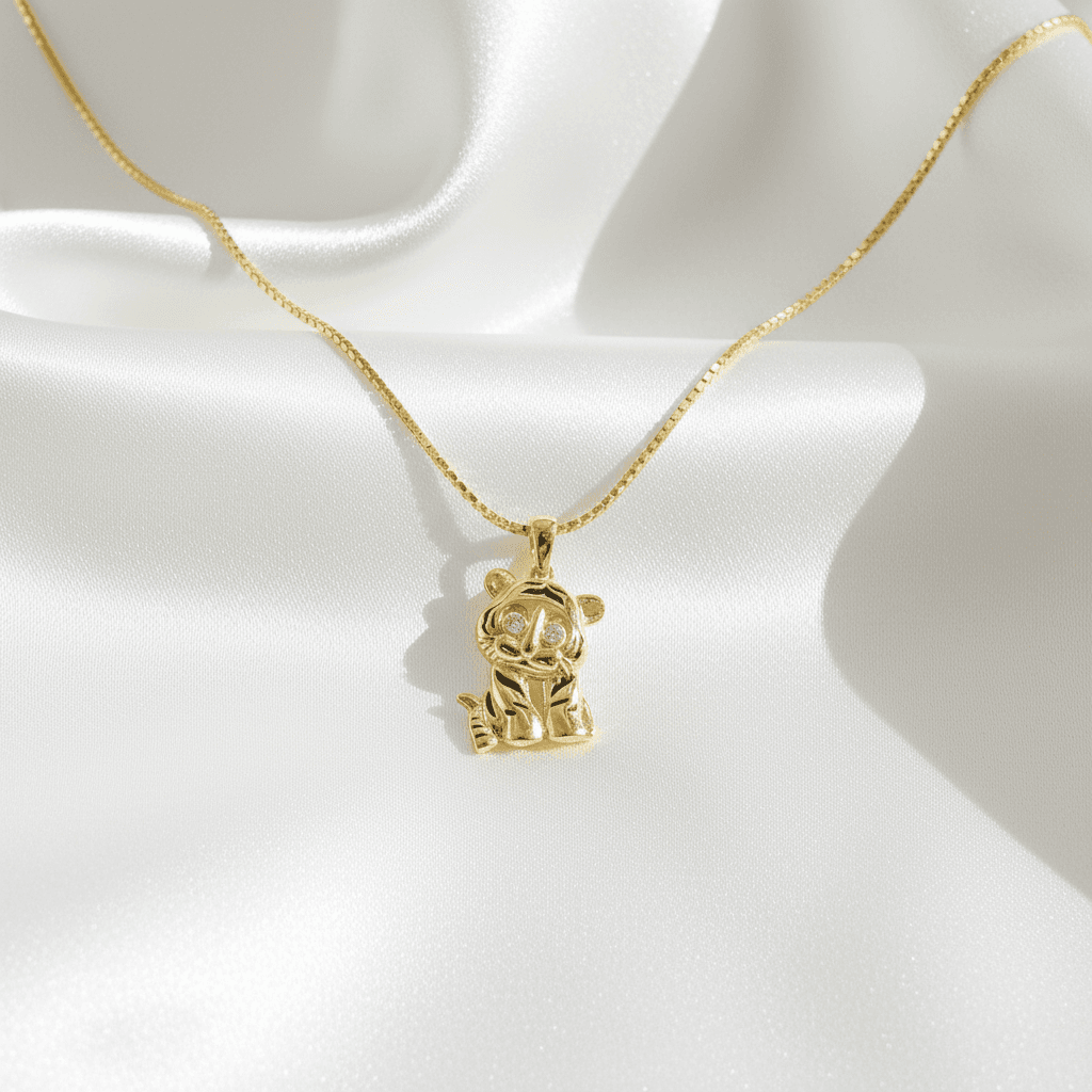 Gold Tiger Diamond Eyes Pendant Chain Necklace