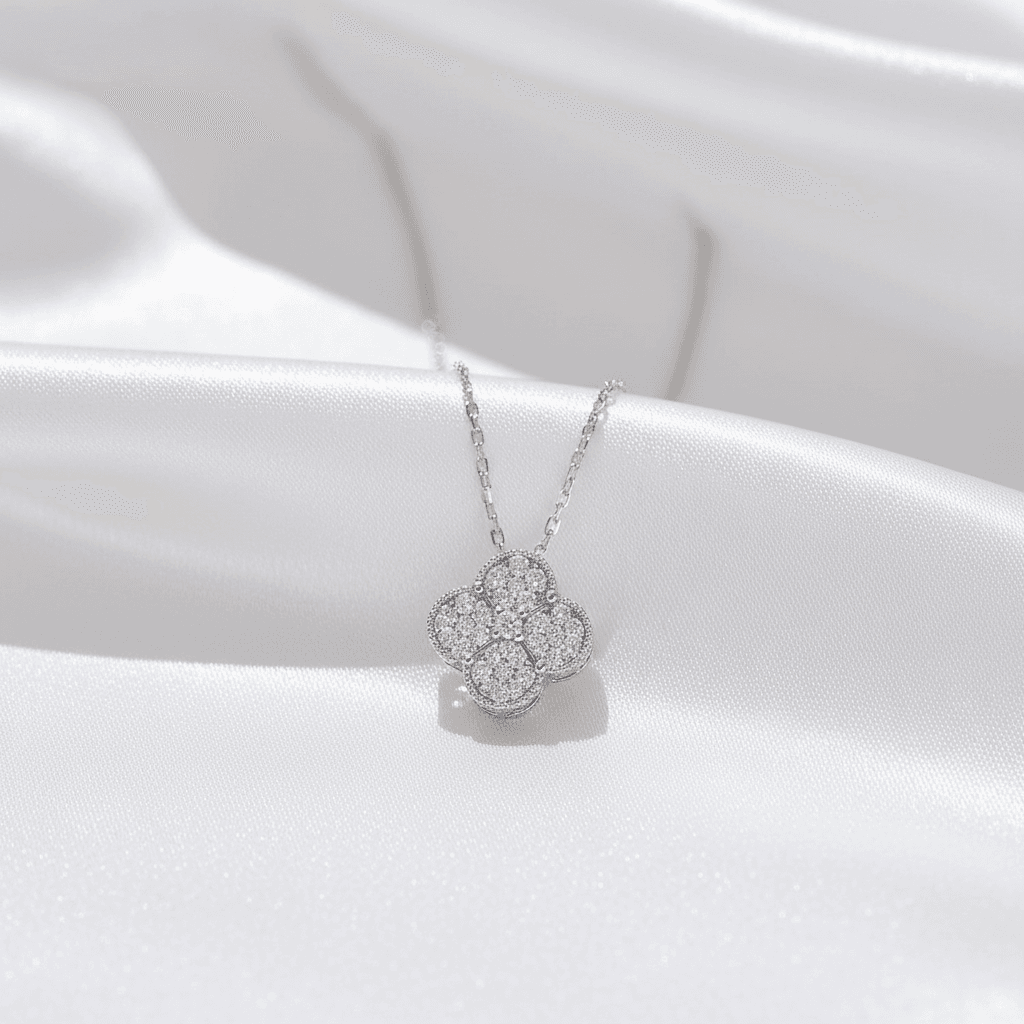 White Gold Clover Flower Diamond Chain Necklace