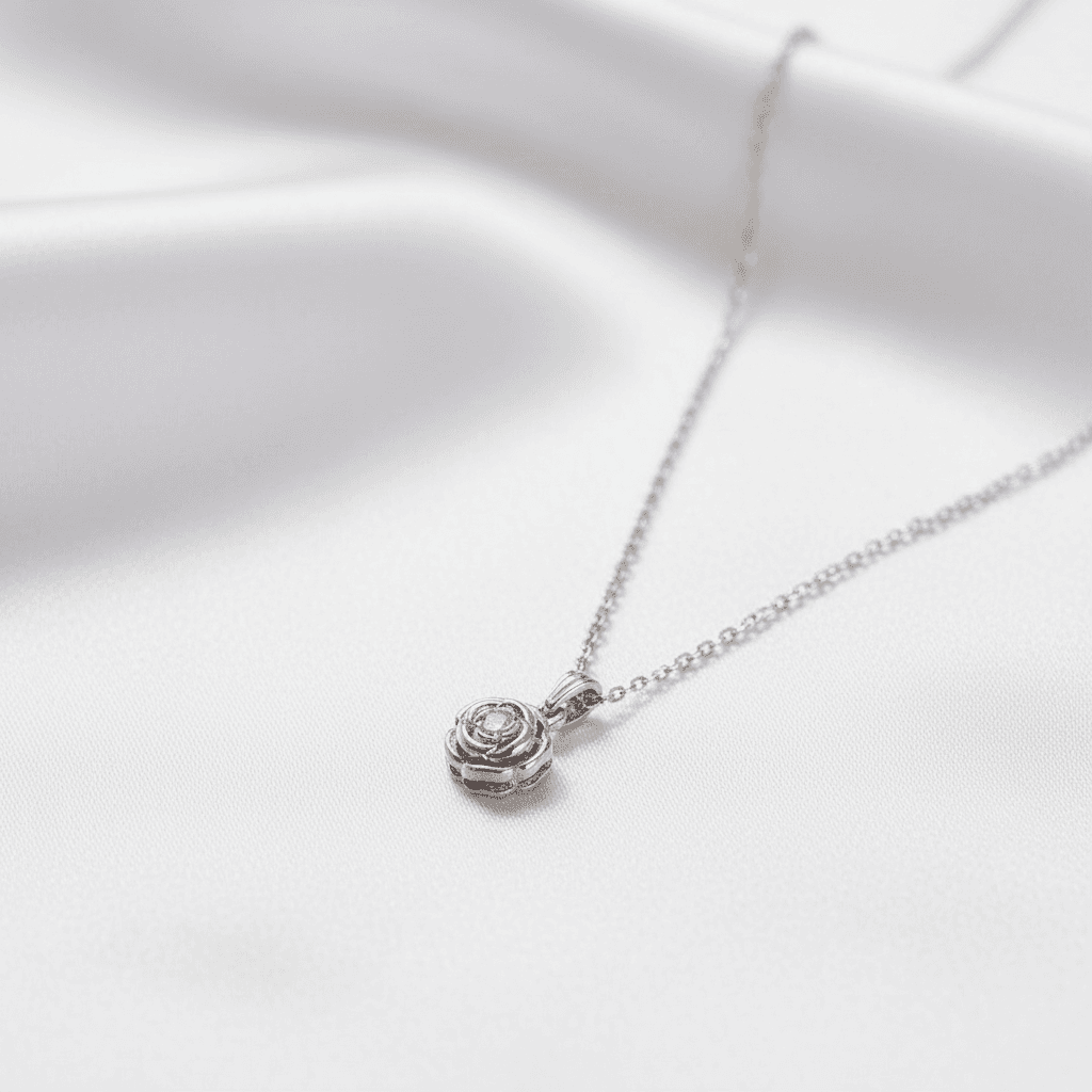 White Gold Rose Flower Diamond Chain Necklace