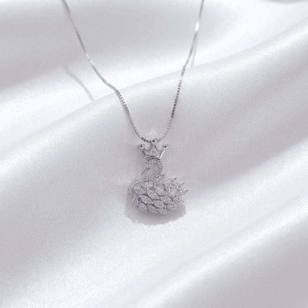 White Gold Swan Crown Diamond Pendant Chain Necklace