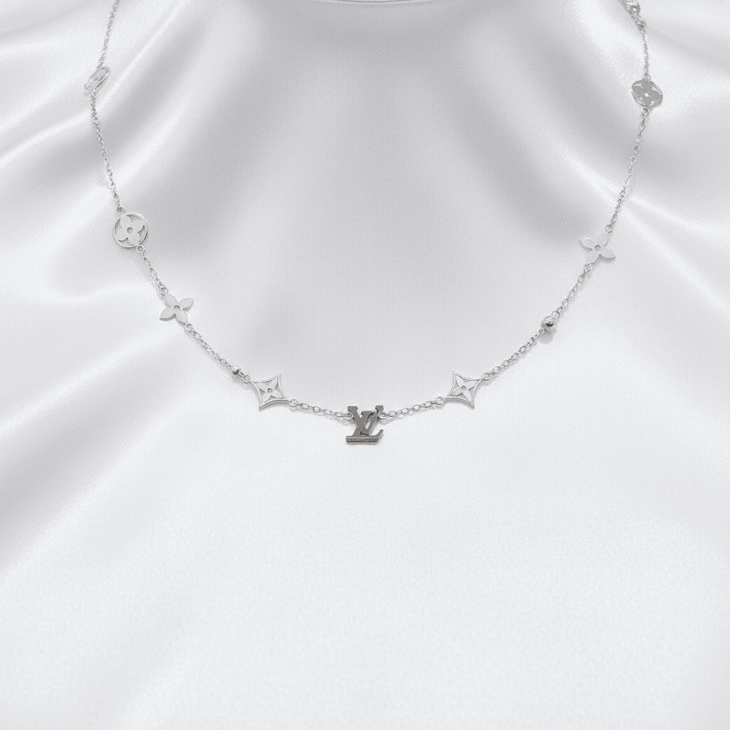 White Gold Clover Monogram LV Station Chain Necklace