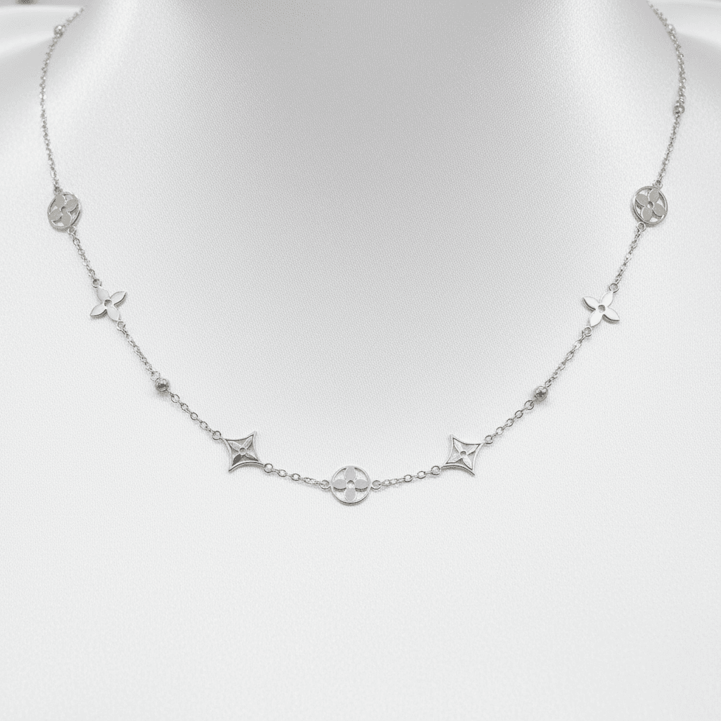 White Gold Star Flower Station Chain Necklace