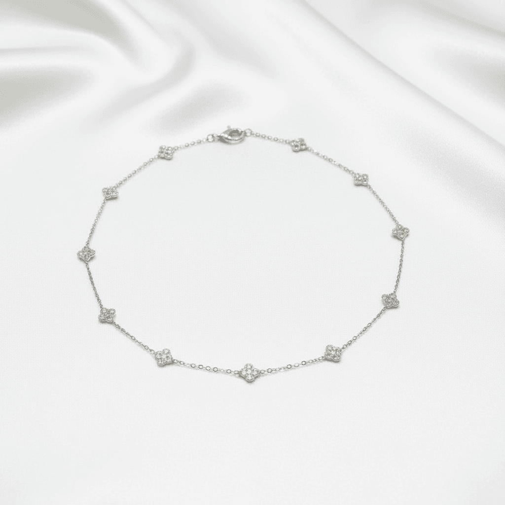 White Gold Clover Diamond Station Chain Necklace