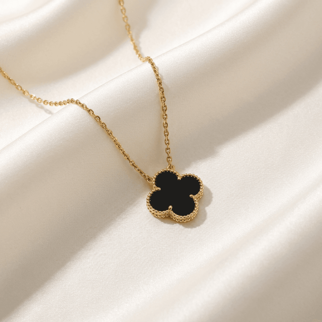 Gold Black Onyx Clover Chain Necklace