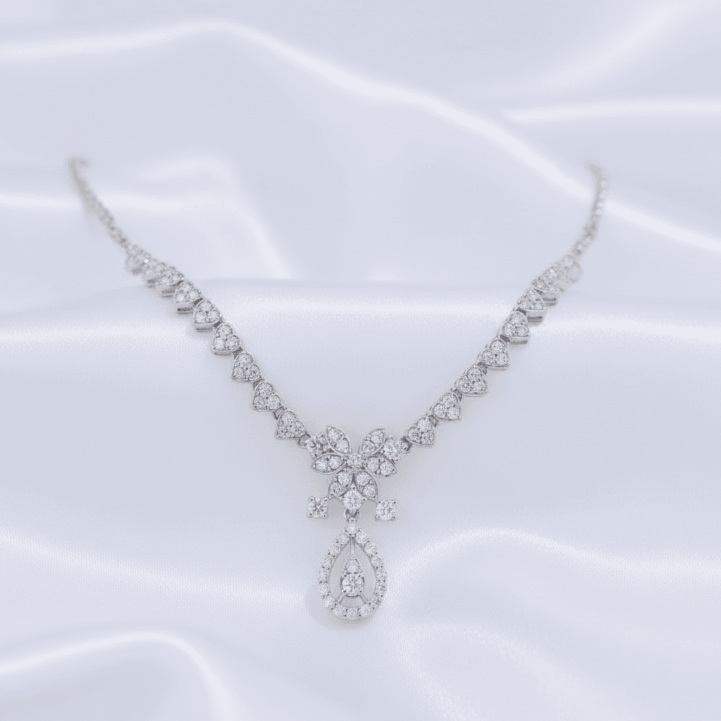 Two-Tone Heart Link Diamond Flower Teardrop Necklace — DN020