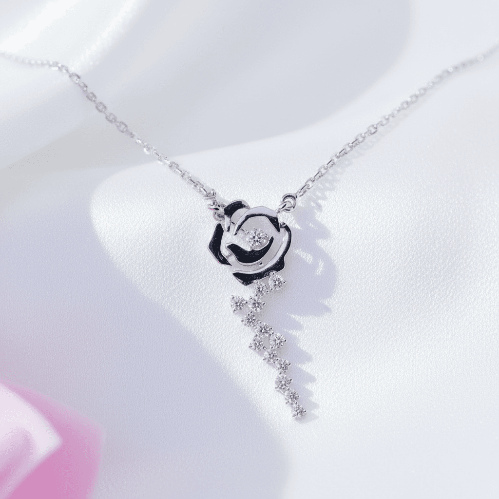 White Gold Rose Flower Diamond Drop Necklace — DN022