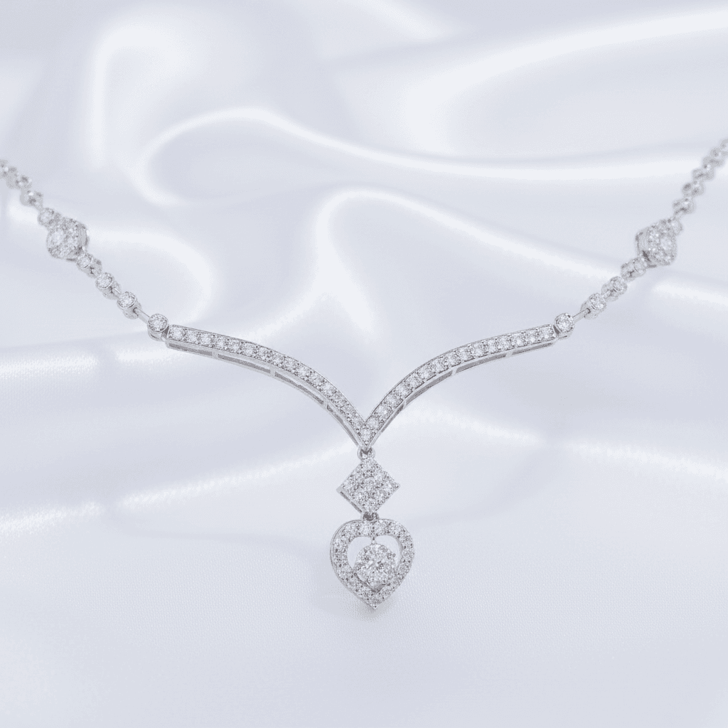 White Gold V Bar Diamond Heart Drop Necklace — DN023