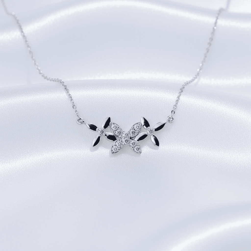 White Gold Triple Flower Diamond Cluster Necklace — DN025