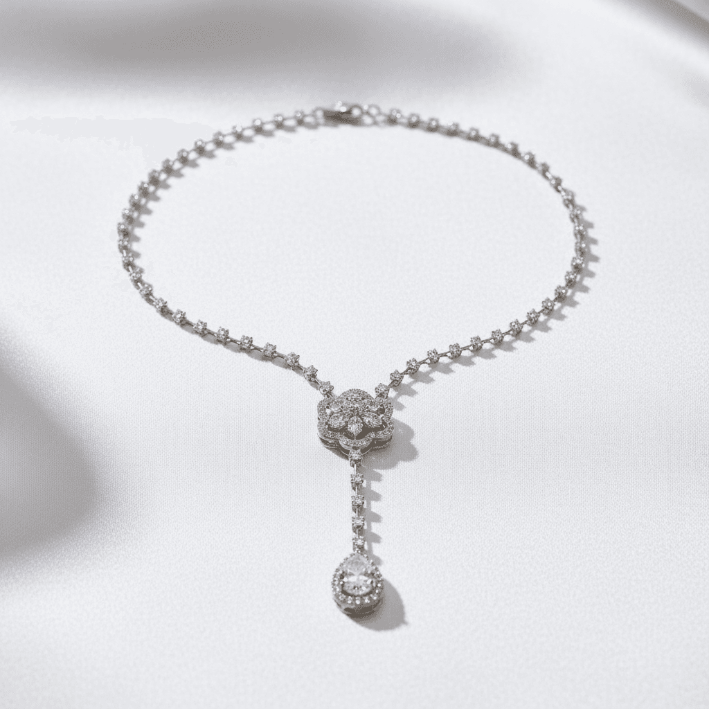 White Gold Flower Lariat Diamond Drop Necklace — DN036