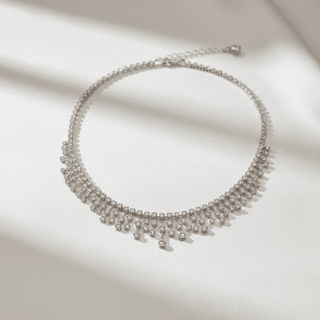 White Gold Diamond Fringe Drop Choker Necklace — DN055