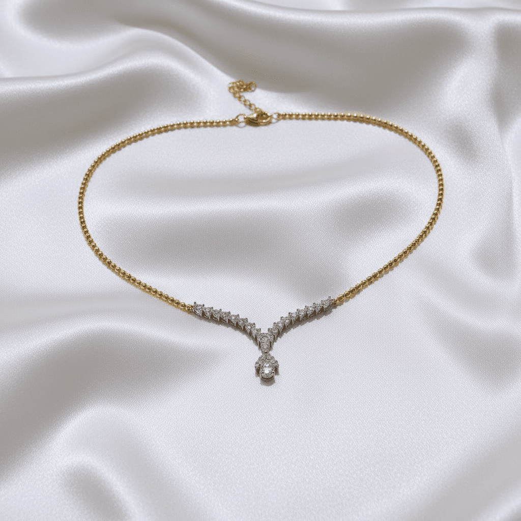 Two-Tone Gold Ball Chain Diamond V-Drop Teardrop Necklace — DN056