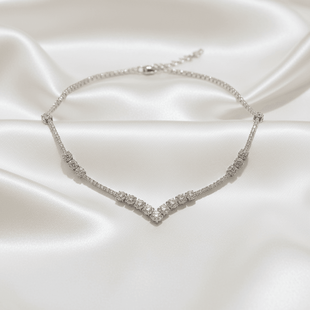 White Gold Diamond Cluster V-Shape Necklace — DN057