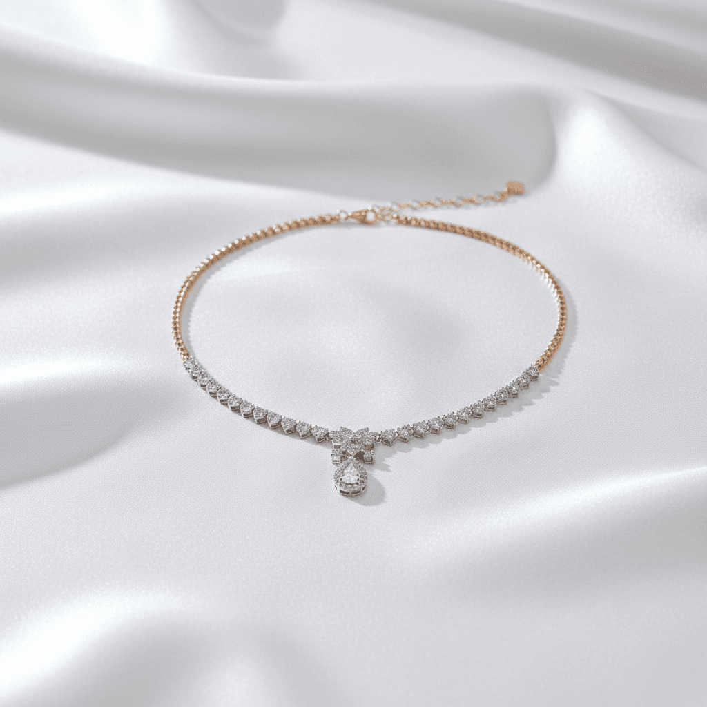 Two-Tone Gold V-Drop Diamond Teardrop Pendant Necklace — DN060