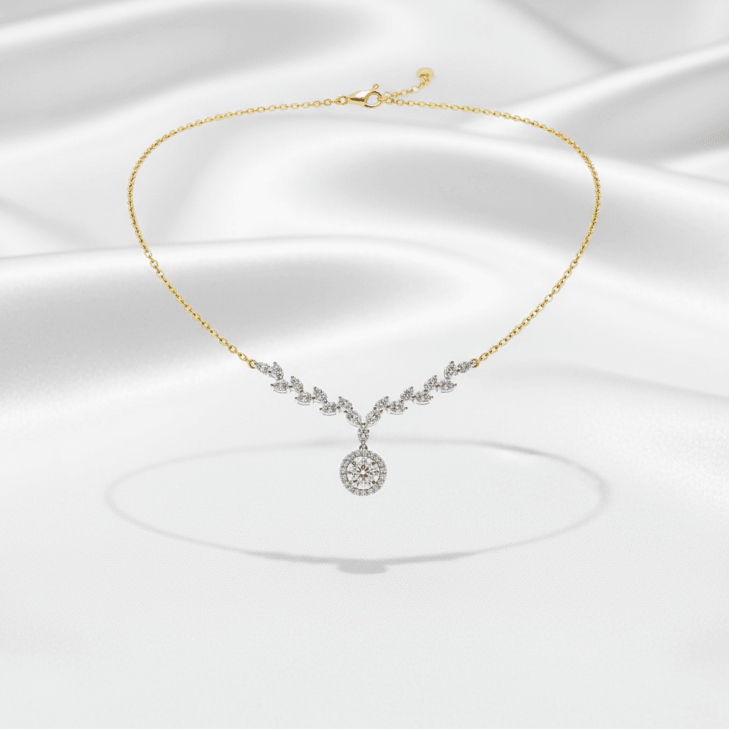 Gold V-Shape Diamond Halo Pendant Necklace — DN064
