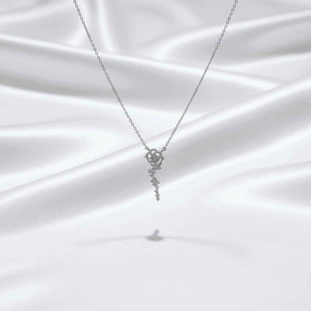 White Gold Rose Diamond Drop Pendant Necklace — DN066