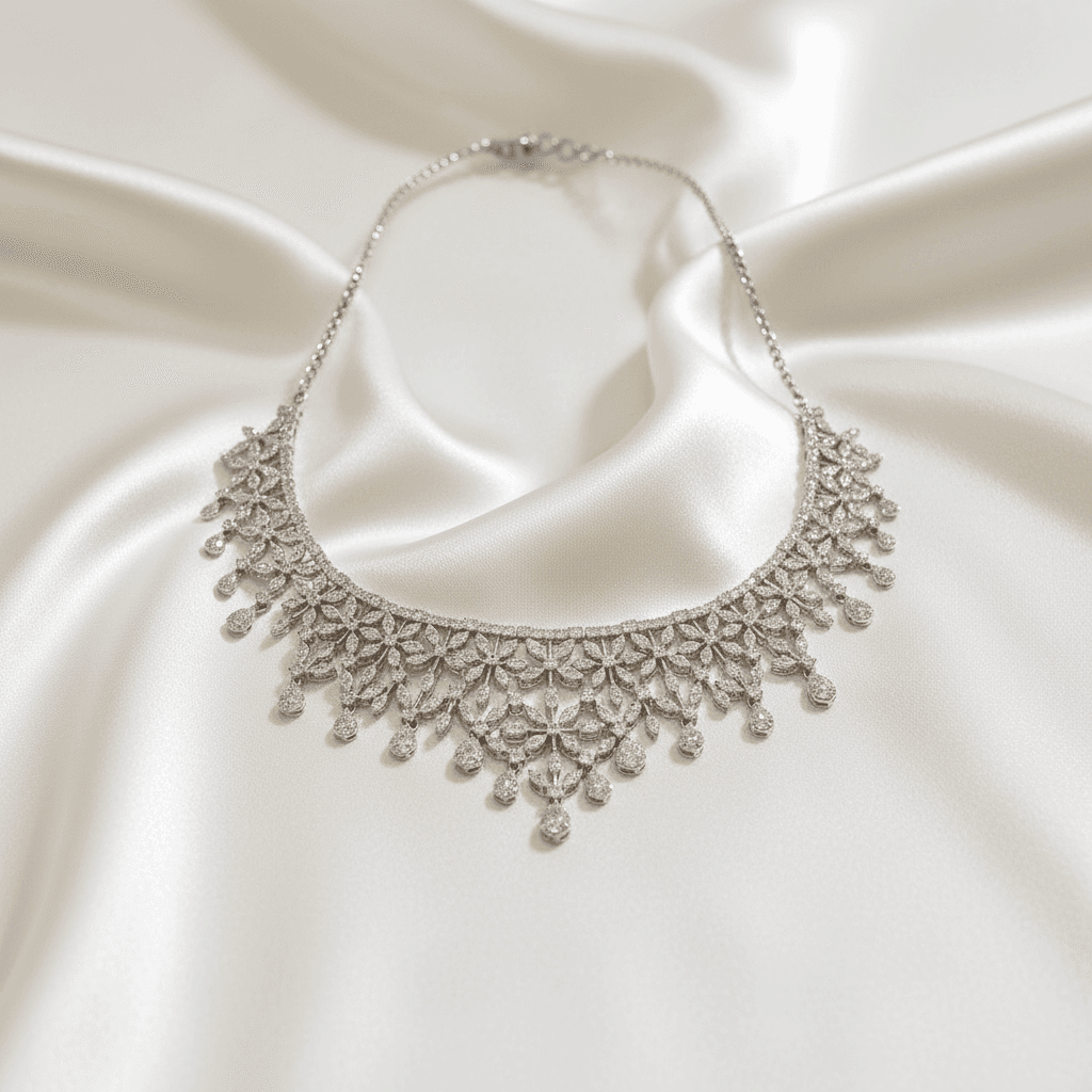 White Gold Floral Fringe Diamond Statement Necklace — DN068