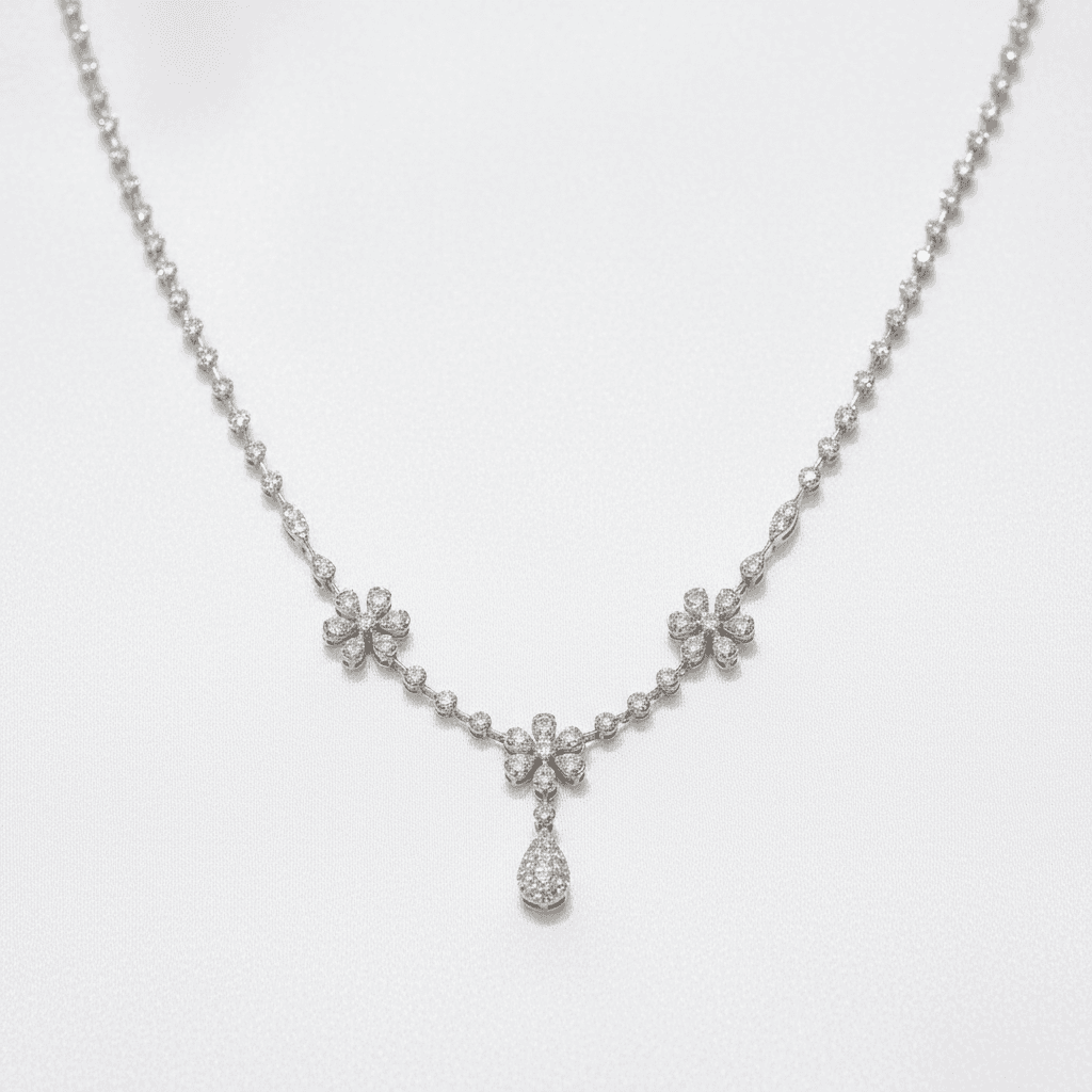 White Gold Floral Teardrop Diamond Necklace — DN071