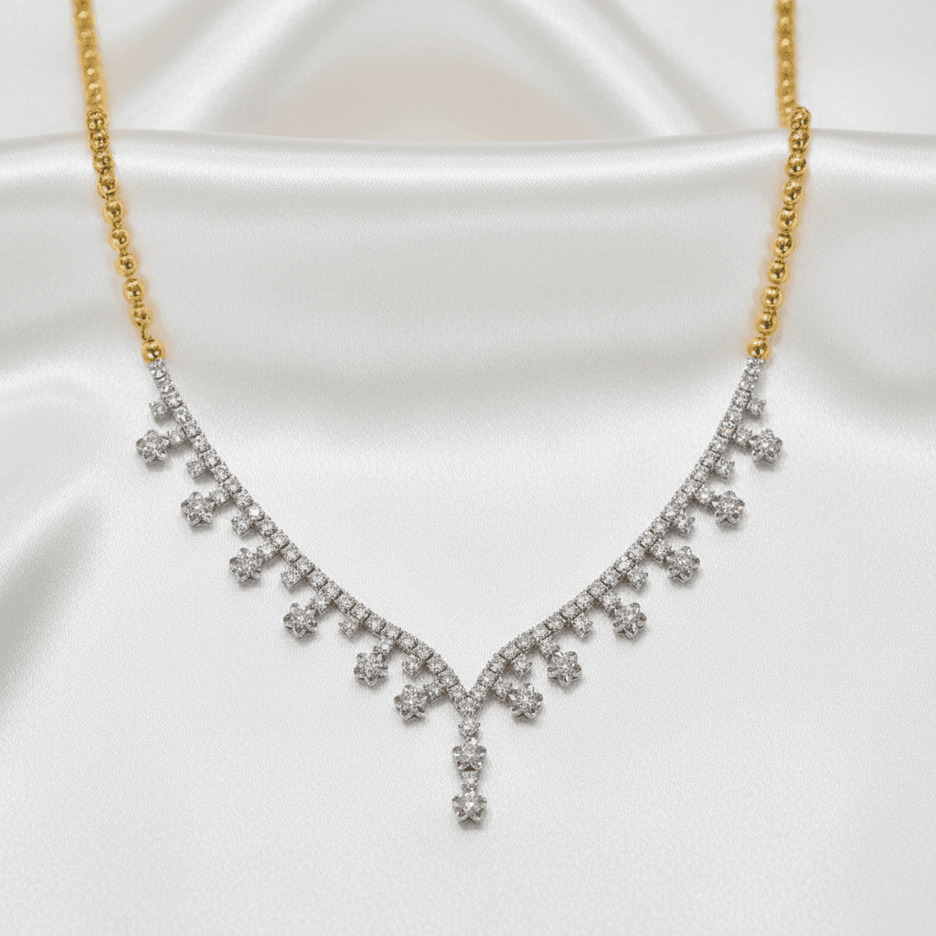 Two-Tone V-Drop Clover Fringe Diamond Necklace