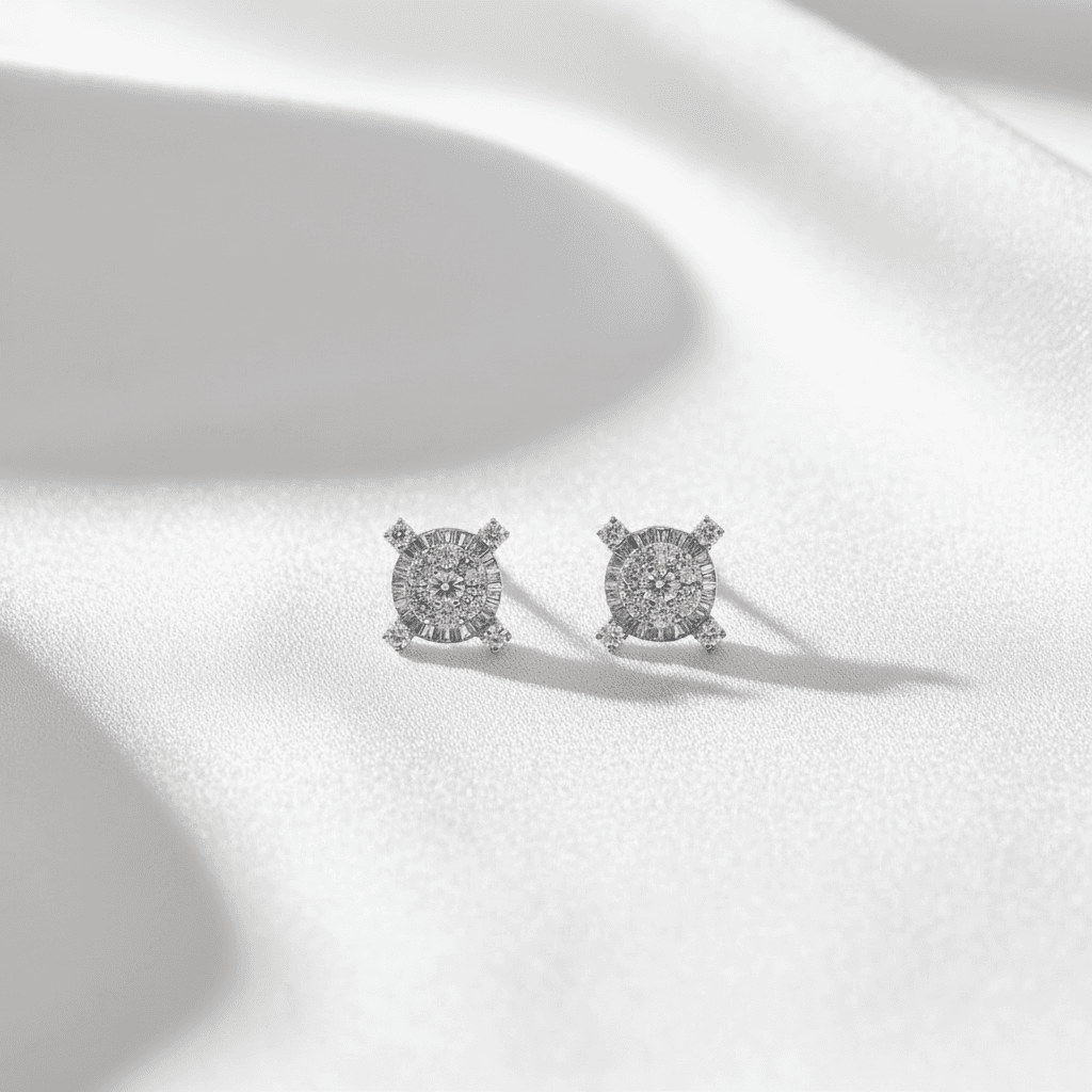 Baguette Halo Diamond Stud Earrings — E005