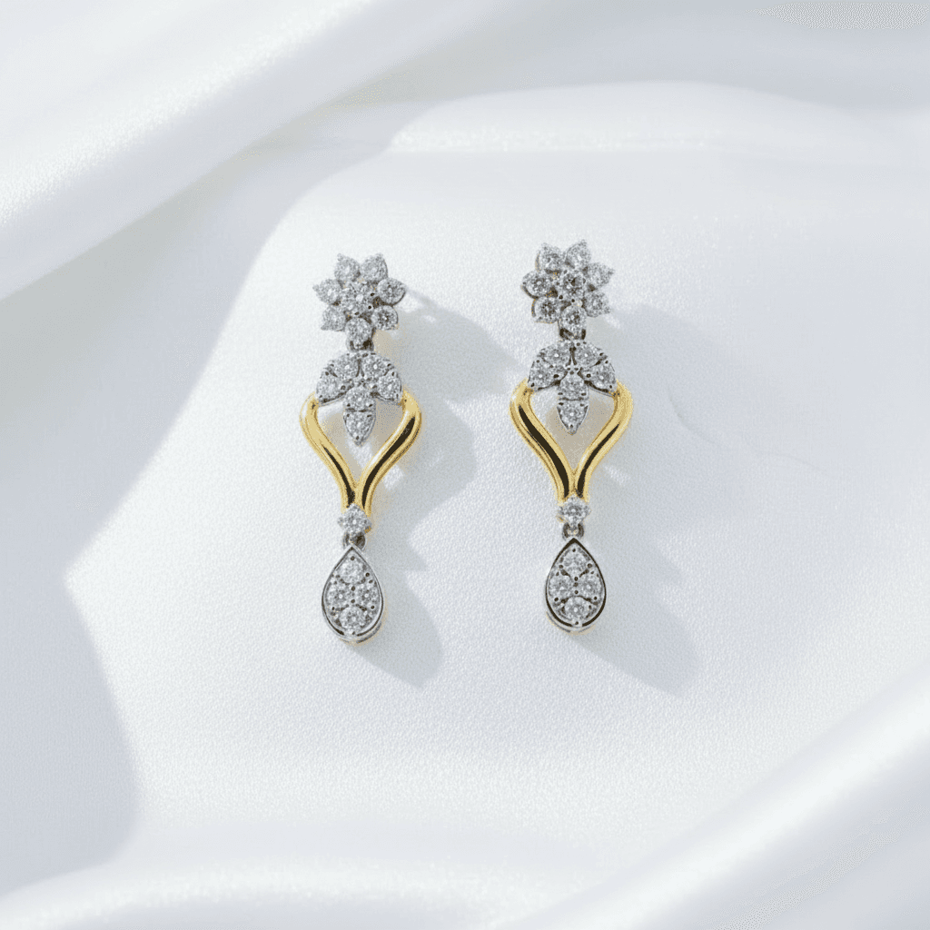 Two-Tone Flower Teardrop Diamond Drop Earrings — E018