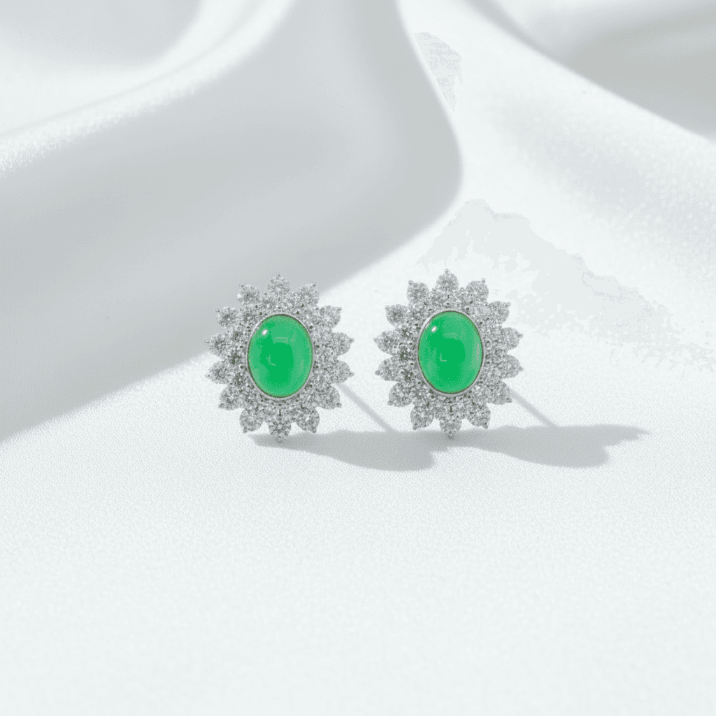 Green Jade Diamond Halo Stud Earrings — E020