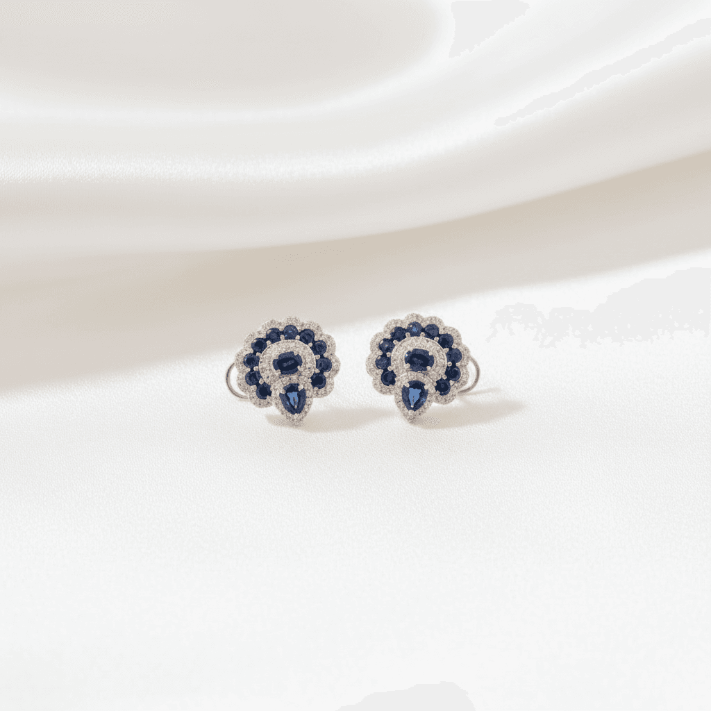 Blue Sapphire Diamond Cluster Stud Earrings — E024
