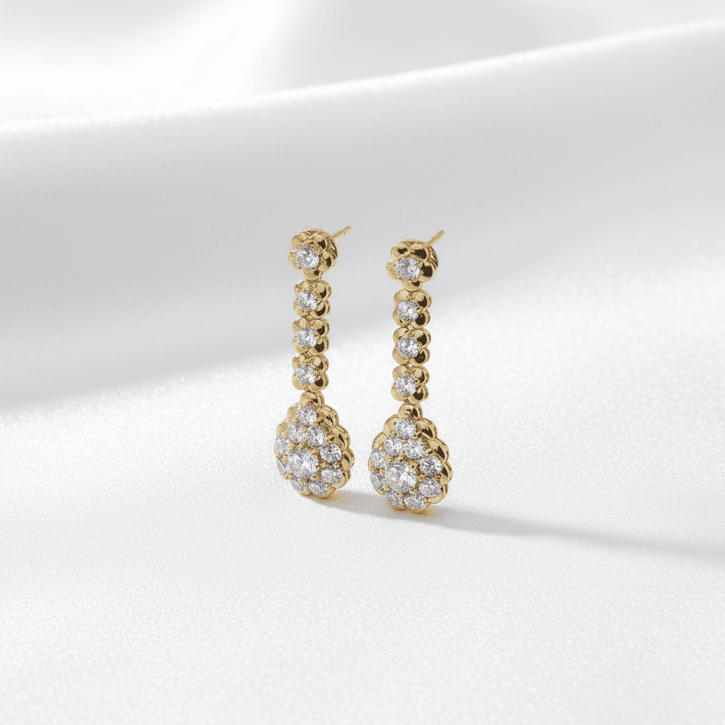 Gold Flower Cluster Diamond Drop Earrings — E033