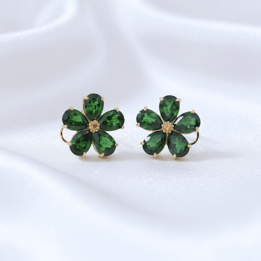 Green Emerald Flower Stud Earrings — E045