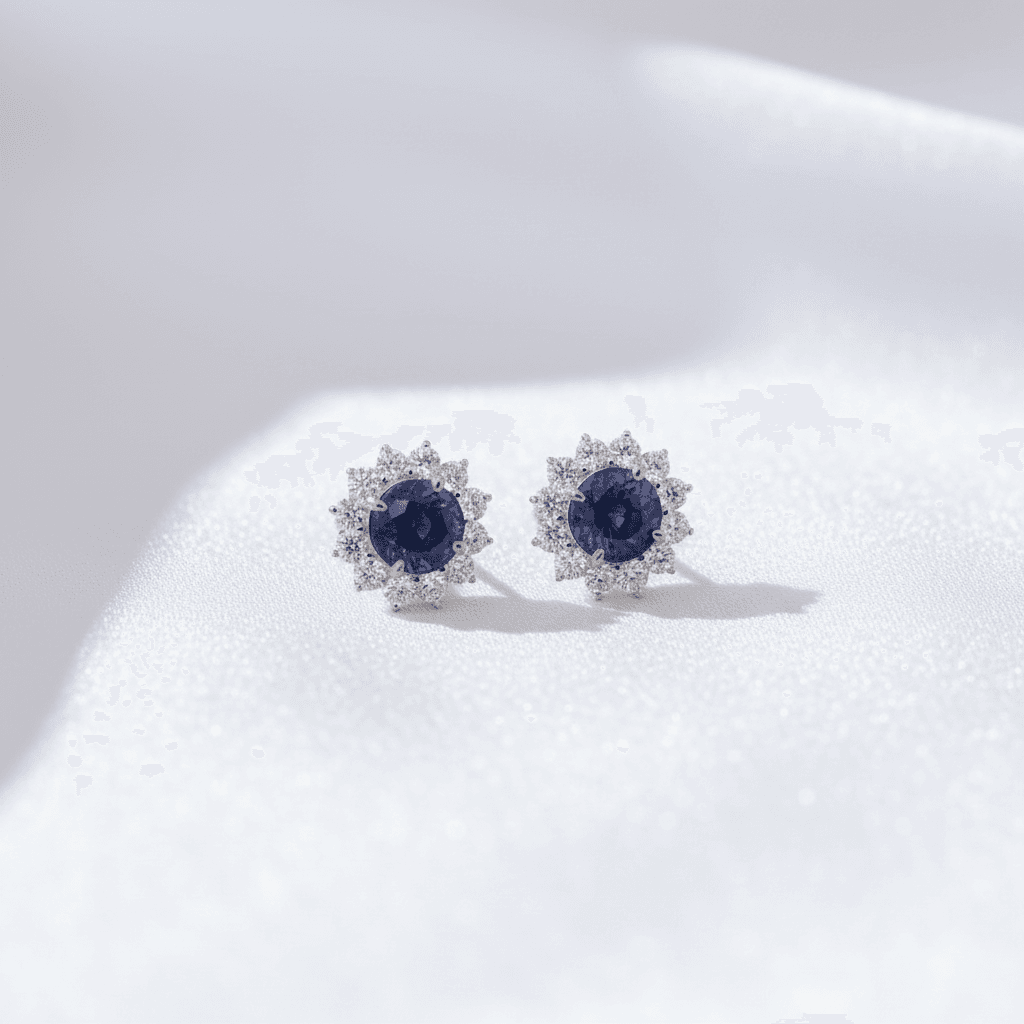 Blue Sapphire Diamond Halo Stud Earrings — E047