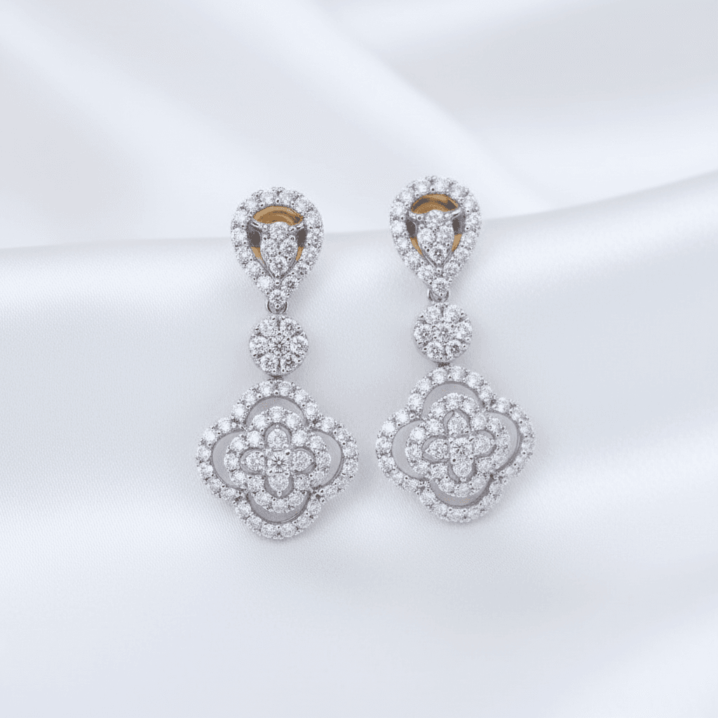 Rose Flower Cluster Diamond Drop Earrings — E053