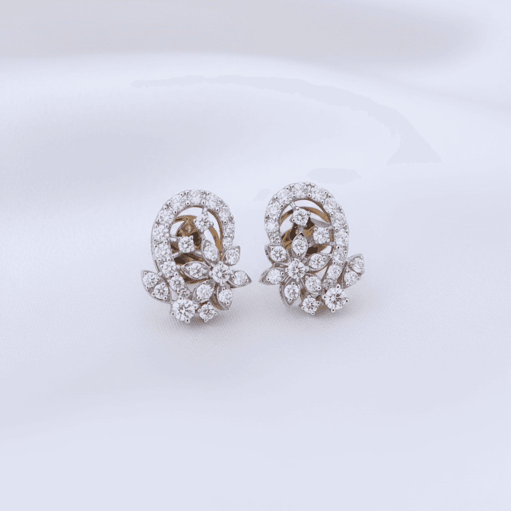 Oval Floral Cluster Diamond Stud Earrings — E071