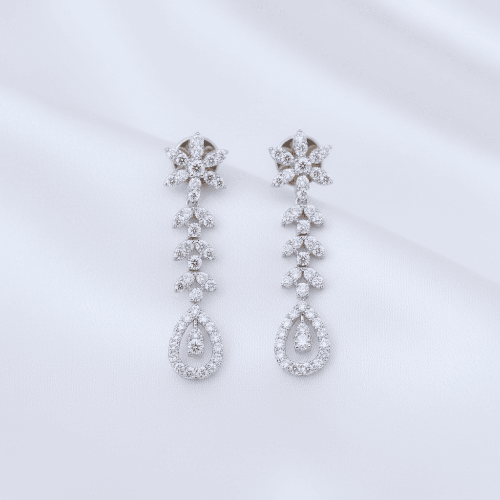 Floral Cascading Teardrop Diamond Drop Earrings — E079