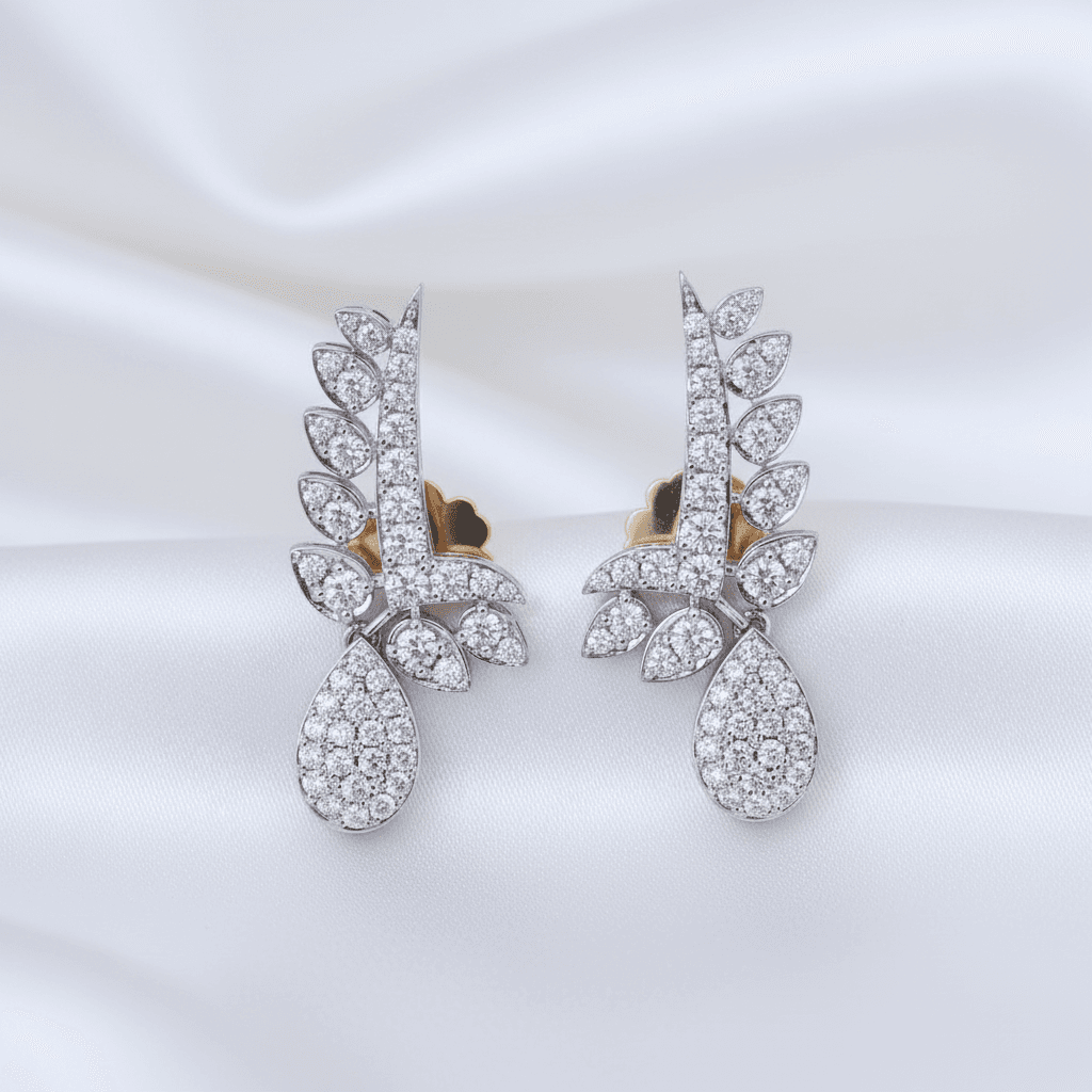 Wheat Leaf Teardrop Diamond Drop Earrings — E081