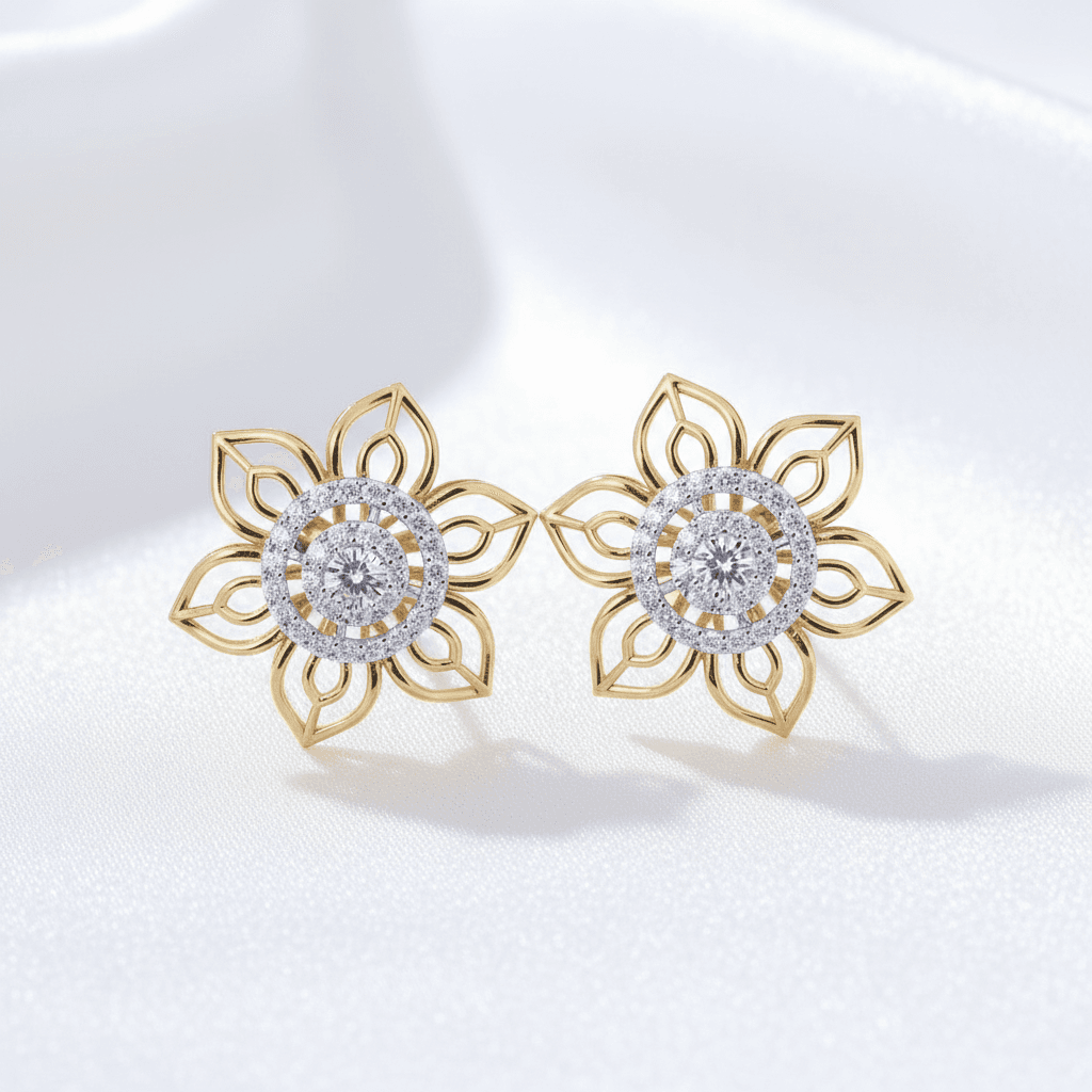 Two-Tone Gold Openwork Lotus Diamond Stud Earrings — E085