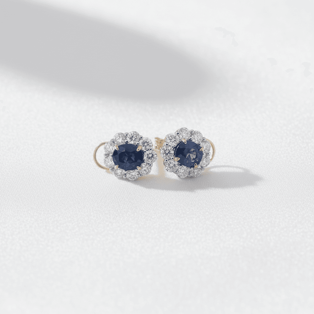 Blue Sapphire Diamond Flower Halo Stud Earrings — E086