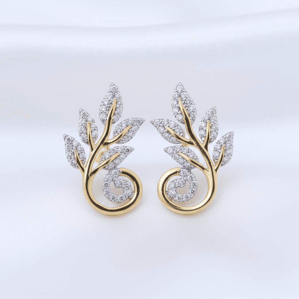 Two-Tone Leaf Branch Swirl Diamond Stud Earrings — E087