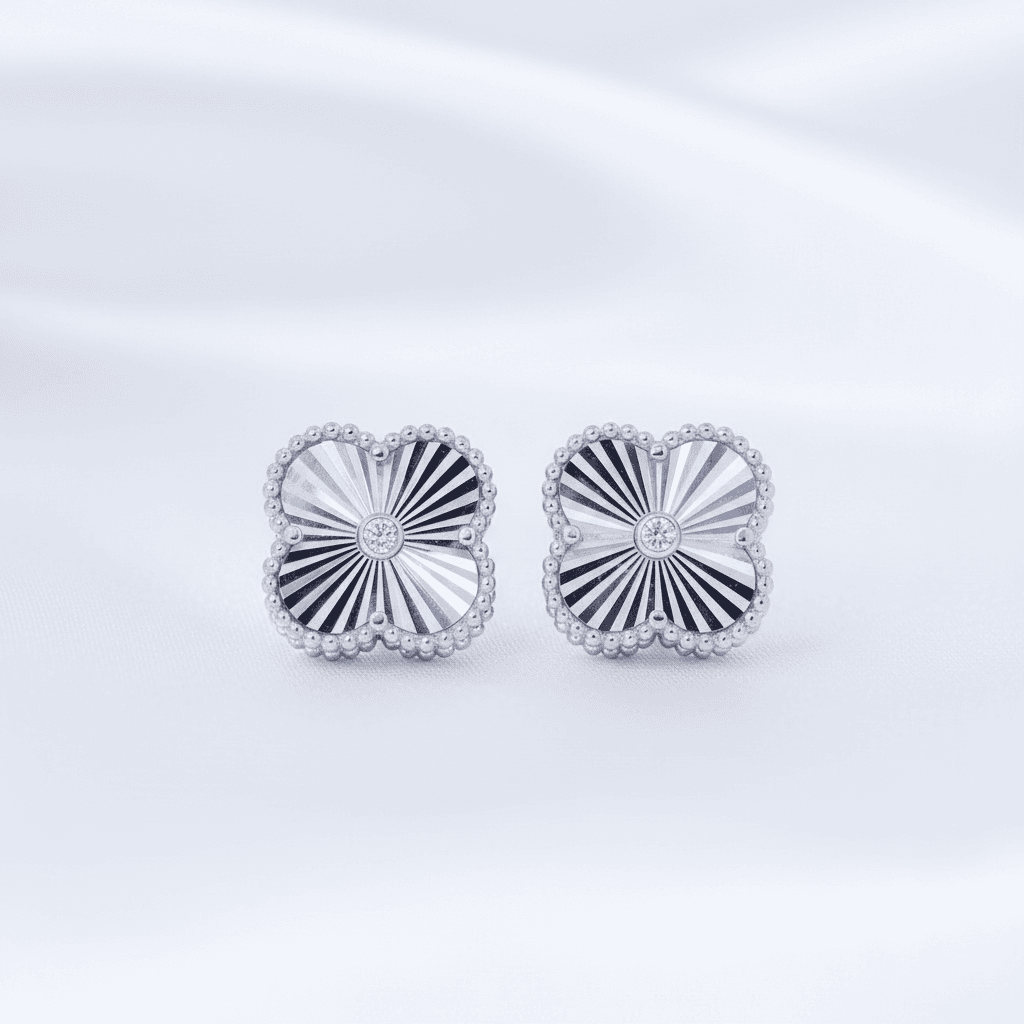 White Gold Sunburst Clover Diamond Stud Earrings — E089