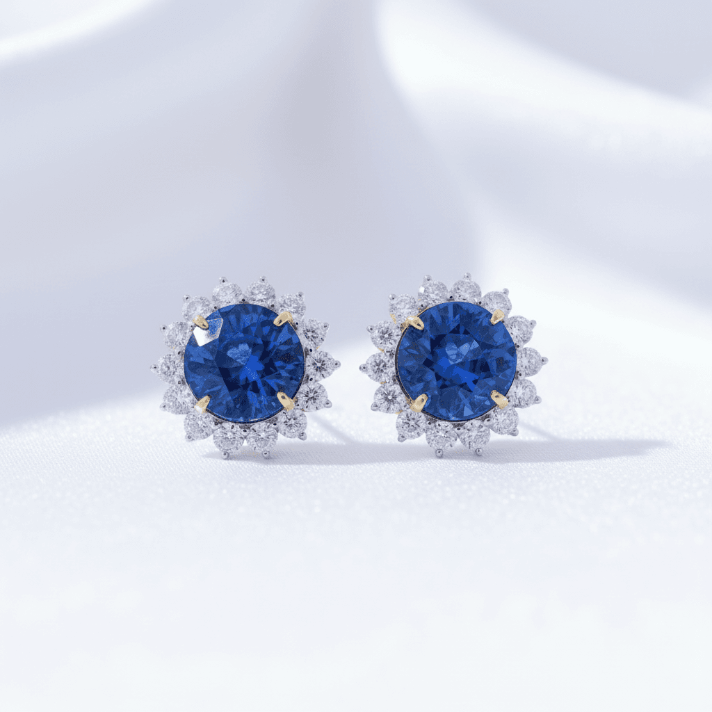 Royal Blue Sapphire Diamond Sunflower Halo Stud Earrings — E090