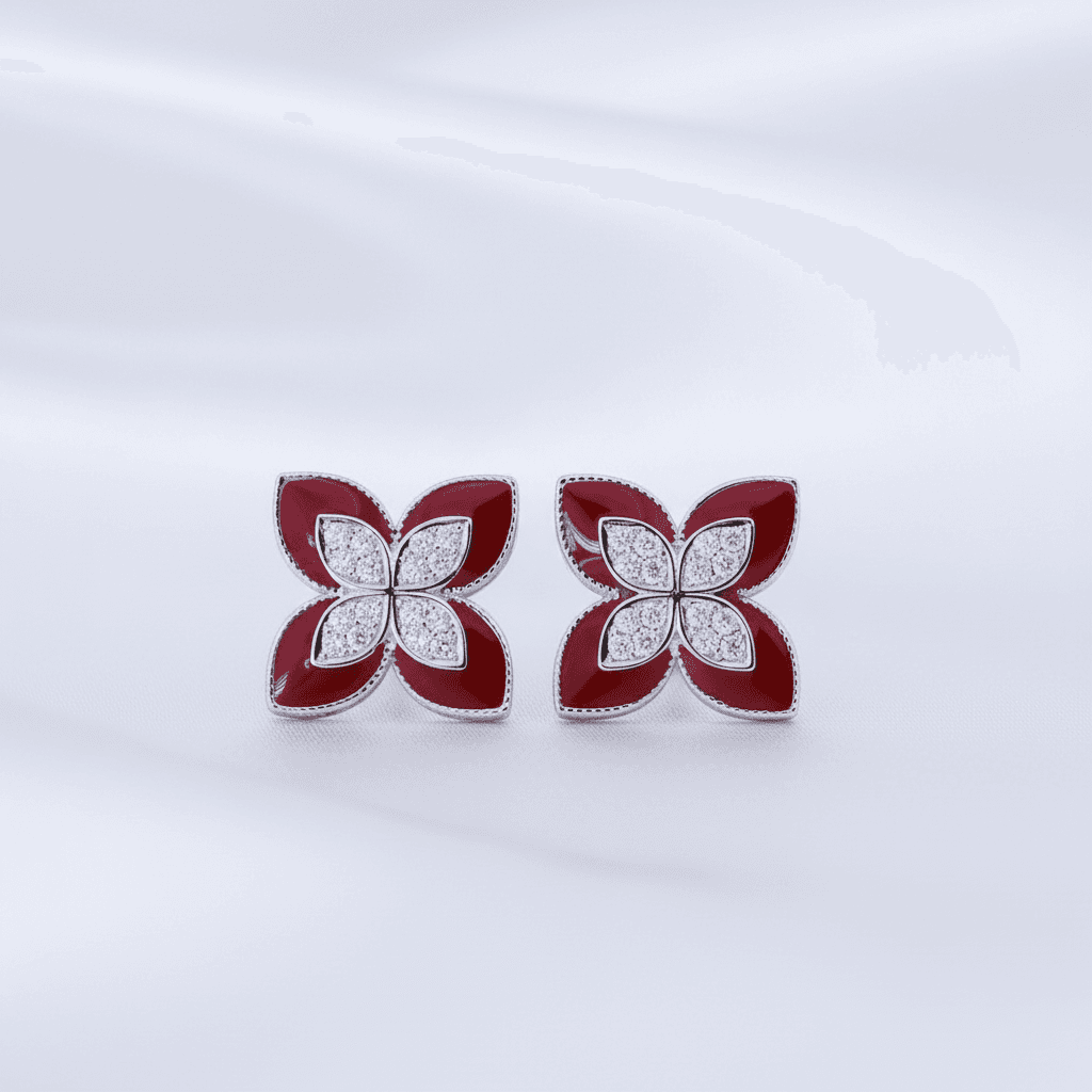 Red Enamel Four Petal Flower Diamond Stud Earrings — E091