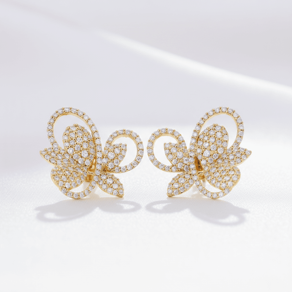 Gold Pave Butterfly Flower Diamond Stud Earrings — E092